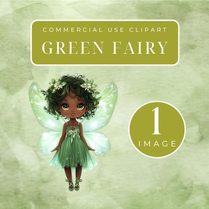 May include: A green fairy with brown skin and green wings. She is wearing a green dress and has flowers in her hair. The image is labeled "Green Fairy" and "1 Image".