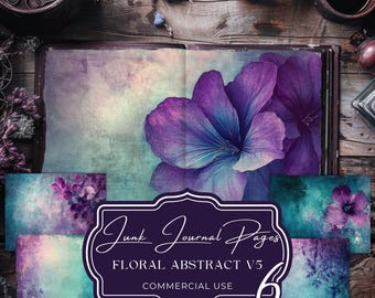 Purple Teal Floral Junk Journal Pages: Abstract Scrapbook Paper (Commercial Use)