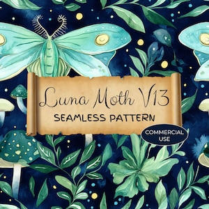Padrão sem emendas de mariposa lunar, uso comercial, bruxa lunar celestial, papel de parede da natureza, fantasia mágica mística, arte azul e verde JPG, LMB19