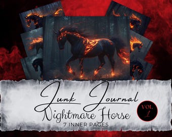 Nightmare Stallion Digital Paper, Fire Horse Chinese New Year, Lunar New Year, fantasy junk journal pages, digital download, fan37 gv37