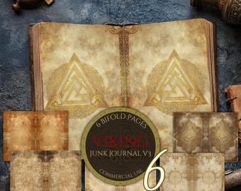 viking junk journal pages, norse mythology fantasy, nordic runes, celtic knot art, historical vintage, scrapbook paper, commercial use, nm37