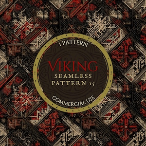 Peut inclure: Motif viking sans couture en noir, rouge et beige. Le motif présente des formes géométriques et des détails complexes. Un emblème circulaire indique "VIKING SEAMLESS PATTERN" et "COMMERCIAL USE".