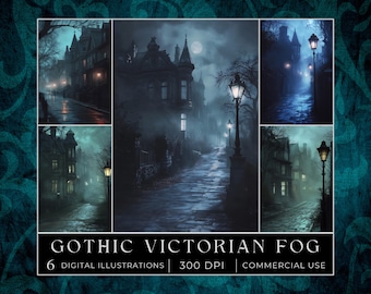Puede incluir: Seis ilustraciones digitales de una calle empedrada brumosa con edificios de estilo victoriano y farolas. Las ilustraciones están en un esquema de color azul oscuro y gris.