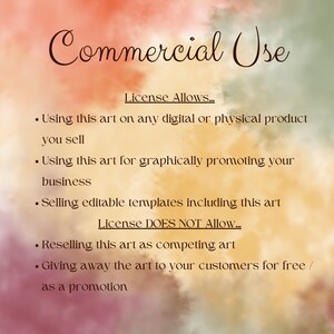 Puede incluir: Un gr&aacute;fico con un fondo de acuarela y texto que dice "Uso comercial". El texto enumera lo que est&aacute; permitido y lo que no est&aacute; permitido para el uso comercial del arte.