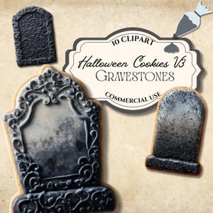 Może przedstawiać: Obrazek ciasteczek o tematyce Halloween w kształcie nagrobków. Ciasteczka są ozdobione szarym i czarnym lukrem, z misternymi wzorami i postarzanym wyglądem. Obrazek zawiera tekst "10 Clipart Halloween Cookies V3 GRAVESTONES COMMERCIAL USE."