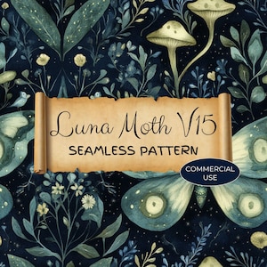 Padrão sem emendas de mariposa lunar, uso comercial, bruxa lunar celestial, papel de parede da natureza, fantasia mágica mística, arte azul e verde JPG, LMB19