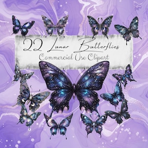 Lunar Schmetterling Clipart Pack x22 | Kommerzielle Nutzung | Celestial, Astrologie, Lila Silber & Blau, leuchtende Luna-Flügel, Junk Journal Craft FAN37