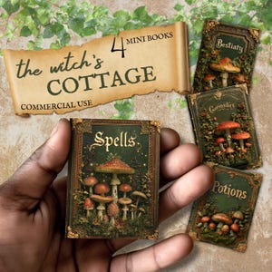 May include: Four miniature books titled The Witch's Cottage, featuring dark green covers with gold ornate frames and detailed illustrations of various mushrooms and forest foliage. The book titles include Spells, Bestiary, Curiosities, and Potions.