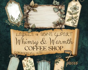 Cottagecore Coffee Shop Clipart: Hanging Signs & Labels (PNG Digital Download) cc337