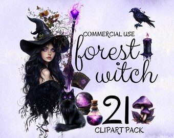 森の魔女のクリップアート、ダークコテージコアPNG、魔女バンドル、ゴシックレイヴン、黒猫、昇華デザイン、商用利用可、GV37