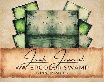 Watercolor Swamp Junk Journal Pages: Green Marshland Bifold (Digital Download)
