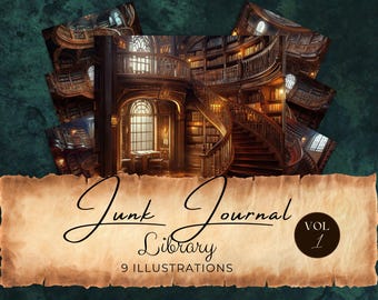 Puede incluir: Ilustraciones digitales de una biblioteca vintage con escaleras de caracol y estanterías. El texto en la imagen dice "Junk Journal Library" y "9 Illustrations". El fondo es de color verde oscuro.