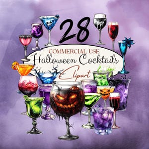May include: A set of 28 Halloween cocktail clipart images. The images feature various cocktails in glasses with spooky and festive designs. The cocktails are in different colors, including green, red, purple, and blue. The text "Commercial Use Halloween Cocktails Clipart" is written in a white speech bubble.