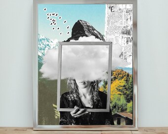 Surreal Cloud Collage Art Print: Vintage Eclectic Wall Decor (PNG Digital Download)