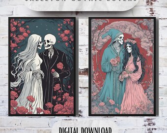 Gothic Skeleton Lovers Print Set: Spooky Valentine's Day Wall Art (Digital Download)