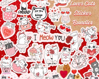 40 Valentine's Day Cat Stickers, Cute Lovers PNG (Printable)