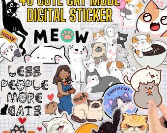 40 Cute Cat Mode Stickers, Cat Owner Slogans (Digital Download)