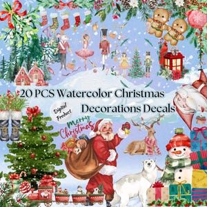 Autocollants de vitrine et de thème de Noël à l'aquarelle, carte postale numérique PNG, autocollants de décoration de Noël, cliparts