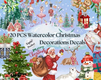 Watercolor Christmas Stickers: Holiday Window Clipart (Digital Download)