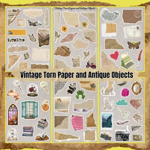 125 pezzi di carta strappata vintage e oggetti antichi, ritagli, materiali, set di adesivi digitali trasparenti stampabili in PDF, JPG, SVG
