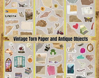 125 Pieces Vintage Torn Paper And Antique Stickers: Collage Art (Printable Digital)