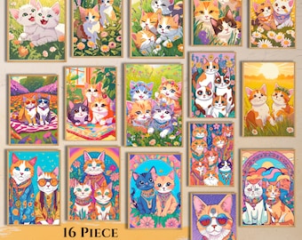 Sweet Anime Cat Art Prints: Hippie Kitten Posters (Digital Download)