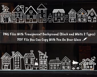 Happy New Years Christmas Houses Window Decals: Xmas Storefront Decor (PNG, PDF)