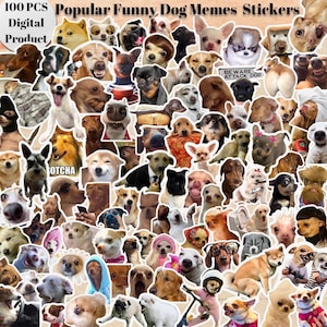 Roliga hundmeme-klistermärken, 100 PNG-clipart (digital nedladdning), djur, utskrivbara hundar, PDF