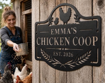 Personalized Chicken Coop Metal Sign, Custom Family Name Hen House Wall Decor, Black Farmhouse Coop Sign, Gift for Chicken Lover