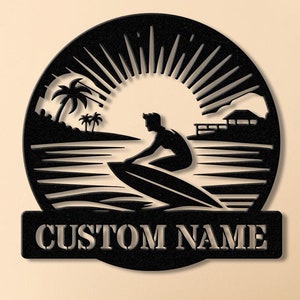 Personalized Wave Surfing Metal Sign with Led Light, Custom Surfer Name Sign, Water Sport Sign, Xmas Birthday Gift, Surf Shack Beach House