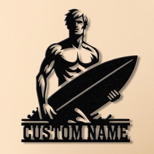 Personalized Wave Surfing Metal Sign with Led Light, Custom Surfer Name Sign, Water Sport Sign, Xmas Birthday Gift, Surf Shack Beach House