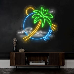 Palm Tree & Wave Neon Wall Art - Custom LED Sign for Kids Room, Bedroom, Game Room Decor, Tropical Neon Light for Wall, Beach Neon Sign