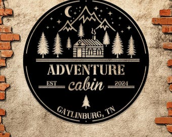 Custom Adventure Cabin Sign: Personalized Rustic Wall Art. Perfect gift, this metal mountain decor adds charm to cabin exteriors.