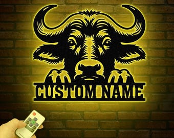 Benutzerdefinierte Buffalo Head Metall Namensschild, personalisierte Bison Wandkunst, Mountain Ranch Decor, Bauernhaus Metallschild, Western Buffalo Wanddekor