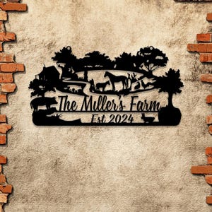 Custom Farm Metal Sign: Personalized Rustic Farmhouse Sign with Animals. Ideal gift, featuring family name and established date.