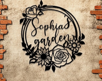 Personalized Garden Metal Wall Sign, Custom Floral Name Decor With Roses And Sunflower, Gift For Mom Grandma Gardener Housewarming