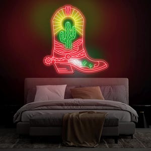 Cowboy Boots Cactus Neon Sign - Cowgirl Boots LED Light, Western Cactus Neon Art, Custom Western LED Decor, Bedroom Decor, Christmas Gifts