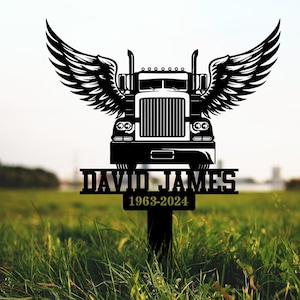 Personalized Trucker Memorial Stake: Custom semi-truck plaque with wings, perfect for honoring a trucker. Ideal sympathy gift, grave marker.