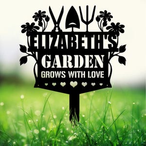 Custom Garden Tools Yard Stake: Personalized “Grows With Love” Metal Sign. Perfect for garden decor, housewarming.