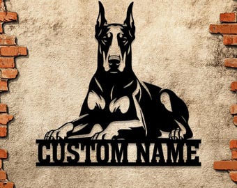Custom Name Doberman Pinscher Metal Sign with LED Light: Perfect for dog moms! Personalized decor for home or garden.