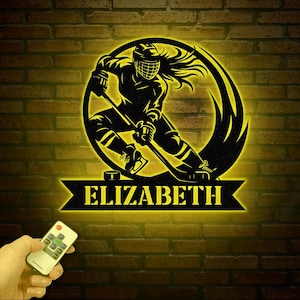 Personalized Girl Ice Hockey Metal Wall Art LED Light, Custom Hockey Player Stick Sign, Sports Wall Art, Gift for Hockey Lovers