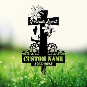 Personalized Floral Cross Memorial Stake: Elegant metal cross plaque for graves. Ideal sympathy gift to honor loved ones.