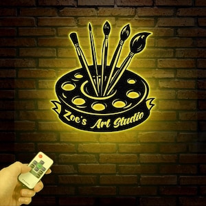 Letrero de estudio de arte personalizado, arte mural de metal con pintura personalizada, letrero con nombre de artista, regalo para profesor de arte, decoración con herramientas de artista, regalo para amantes del dibujo