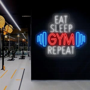 Custom Neon Sign - Eat Sleep Gym Repeat LED Sign - Motivational Fitness Quote for Gym Wall Decor - Perfect for Home Gym or Fitness Club