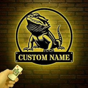 Personalized Bearded Dragon Metal Sign with LED Lights, Custom Name Bearded Dragons Sign, Unique Bearded Dragon Gift, Gecko Lizard Decor