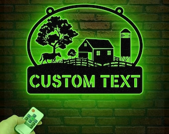 Personalized Farmhouse Metal Sign with Led Lights, Custom Metal Farm Wall Art, Farm Name sign, Metal Barn Sign, Farmer Gift, Christmas Gift