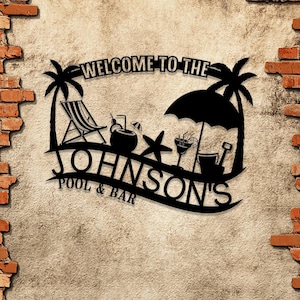 Custom Tropical Patio Metal Bar Sign, Custom Backyard Pool Sign, Family Welcome Sign, Aloha Palm Tree Decor, Beach House Decor, Oasis Sign