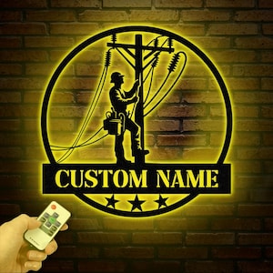 Custom US Lineman Metal Wall Art with LED Light, Personalized Electrical Worker Name Sign, Electrician Home Decor, Birthday Gifts, Dad Gifts
