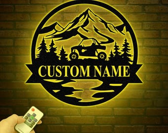 Custom Name UTV Metal Sign with Led Lights, Personalized Off-Road Adventure Sign, Side by Side LED Wall Art, Mountain UTV Sign