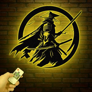 Custom Samurai Metal Wall Art with LED Lights, Personalized Japanese Warrior Silhouette Decor, Man Cave, Night Light, or Gift for Boyfriend